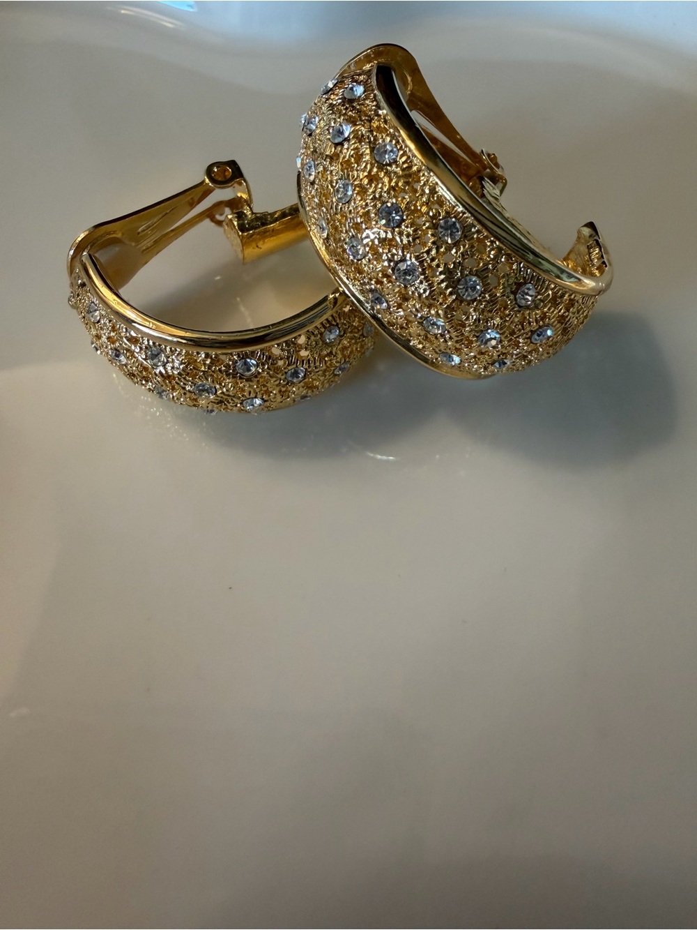 Vintage Gold Tone Half Hoop Scattered Rhinestone Clip On Earrings